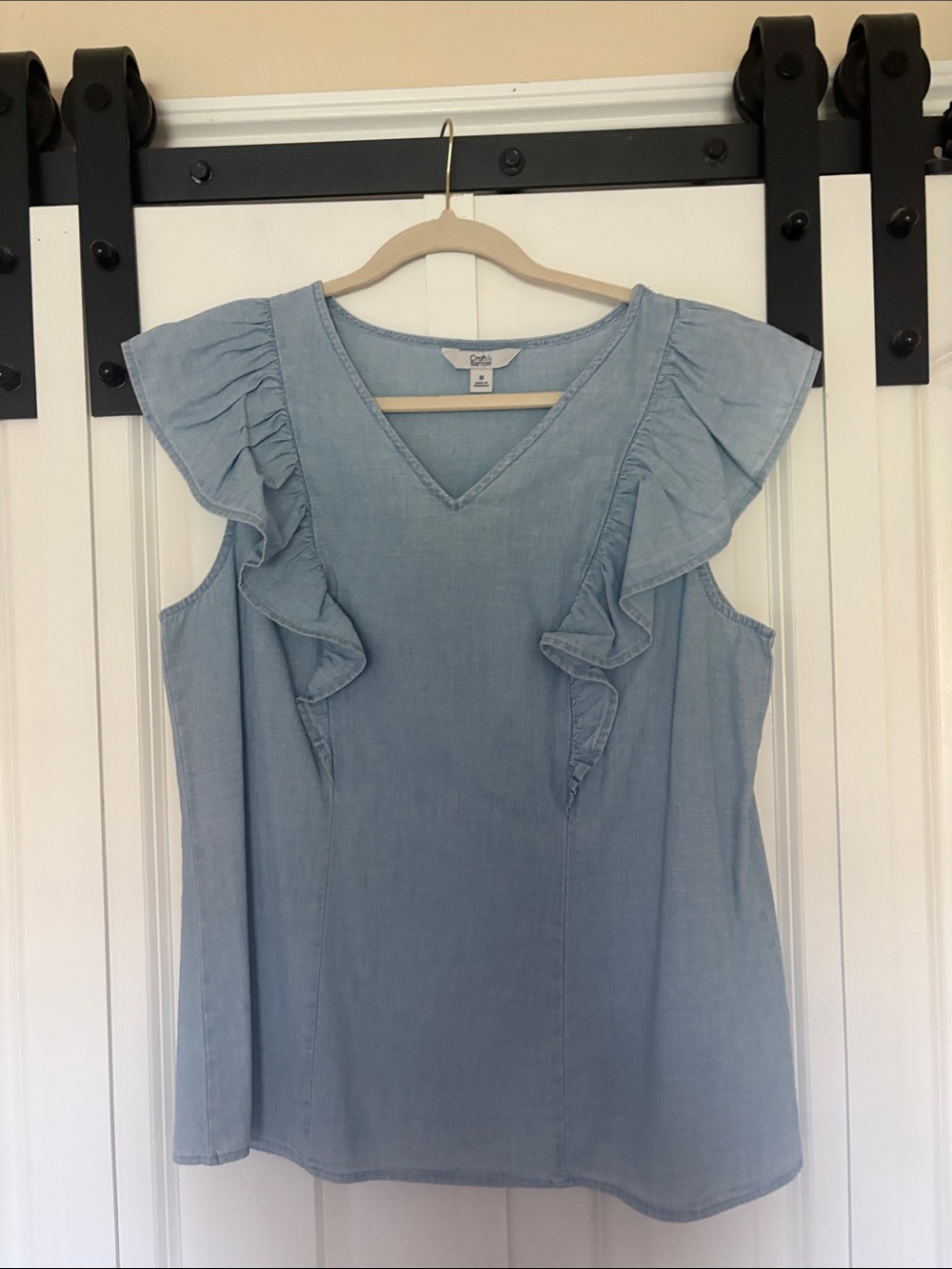 croft & barrow Light Blue Chambray Ruffle V-Neck Tank